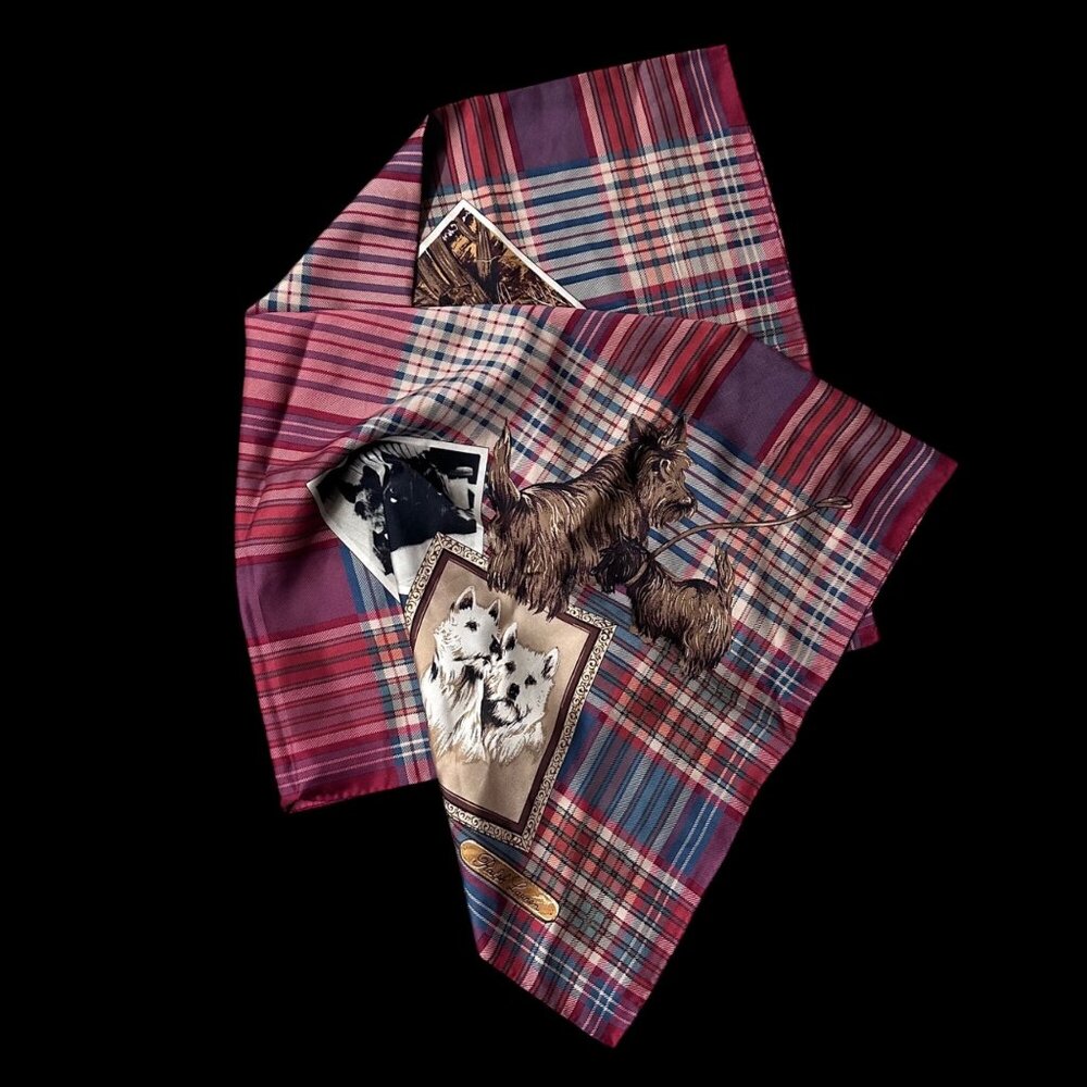 Vintage Ralph Lauren Silk Scarf Hunting Dogs Terrier Hound Scottie Plaid Maroon